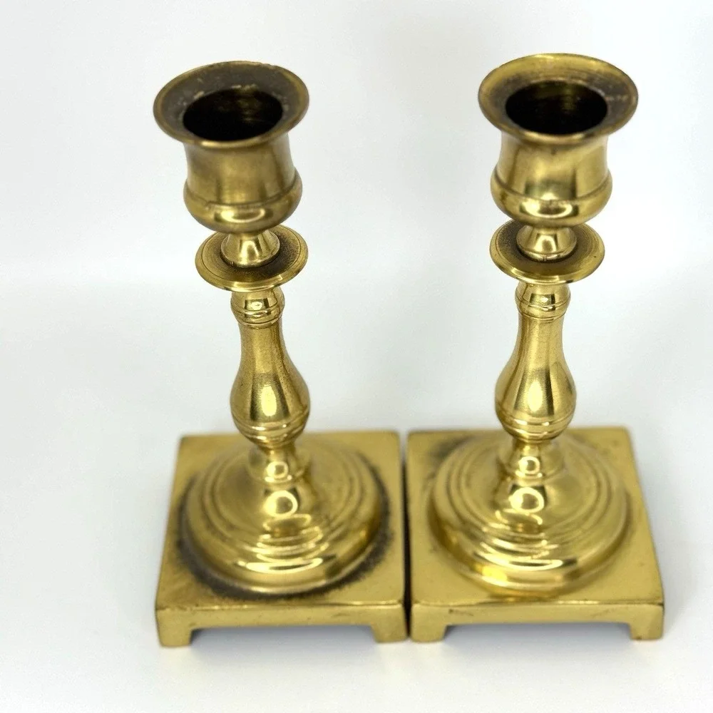 VTG Solid Brass Candlestick Holder Pair Made in England Square Base 5.5